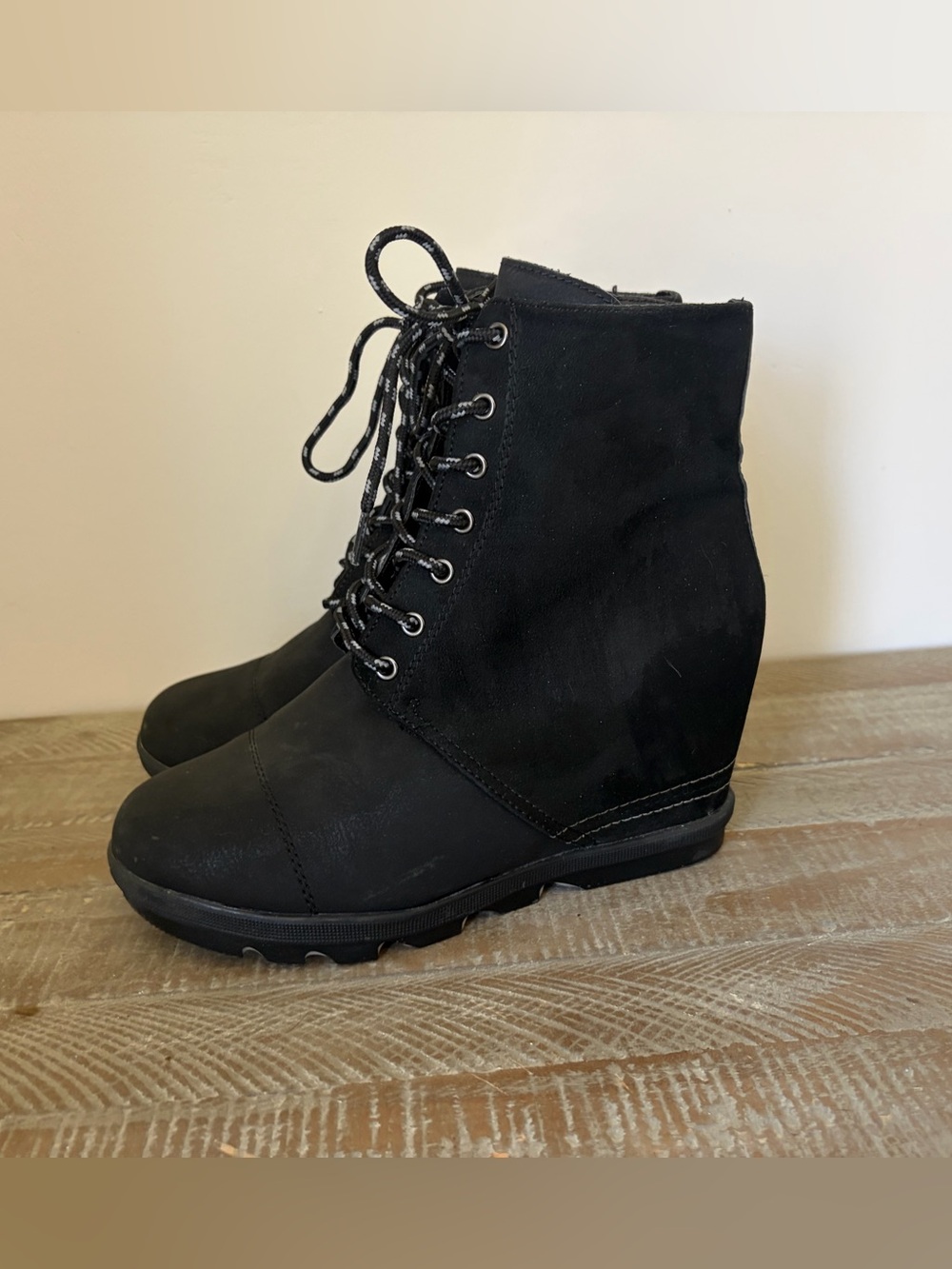 Black Lace-Up Wedge Ankle Boots - Women's